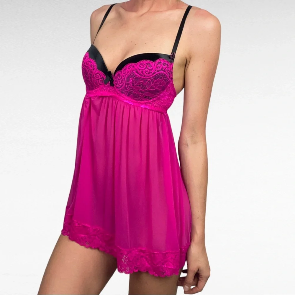 Dreamgirl | Magenta Pink & Black Satin Lace Mesh Push-Up Babydoll Lingerie Dress